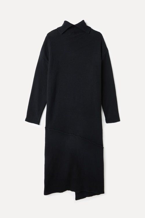  YÜNLÜ ASİMETRİK KESİM MİDİ ELBİSE