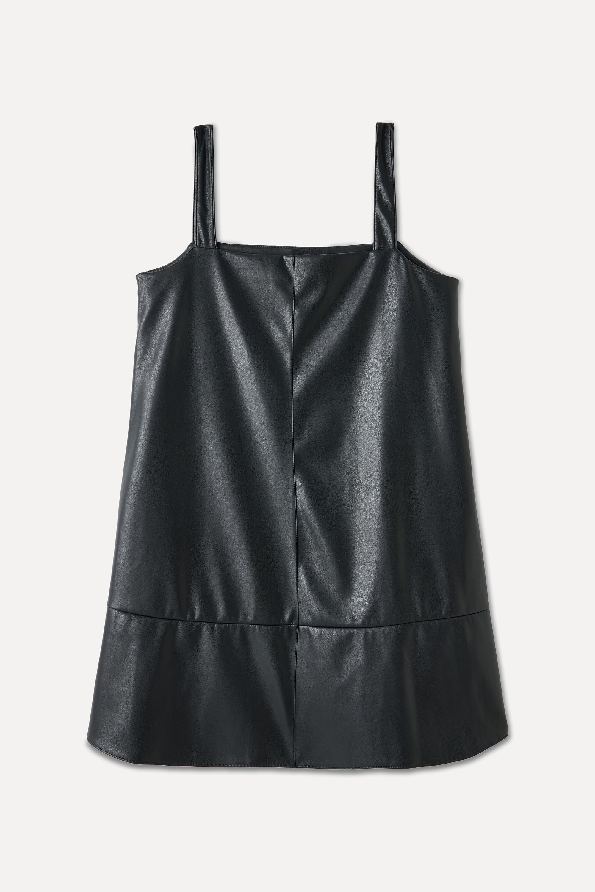 DERİ GÖRÜNÜMLÜ ASKILI MİNİ ELBİSE