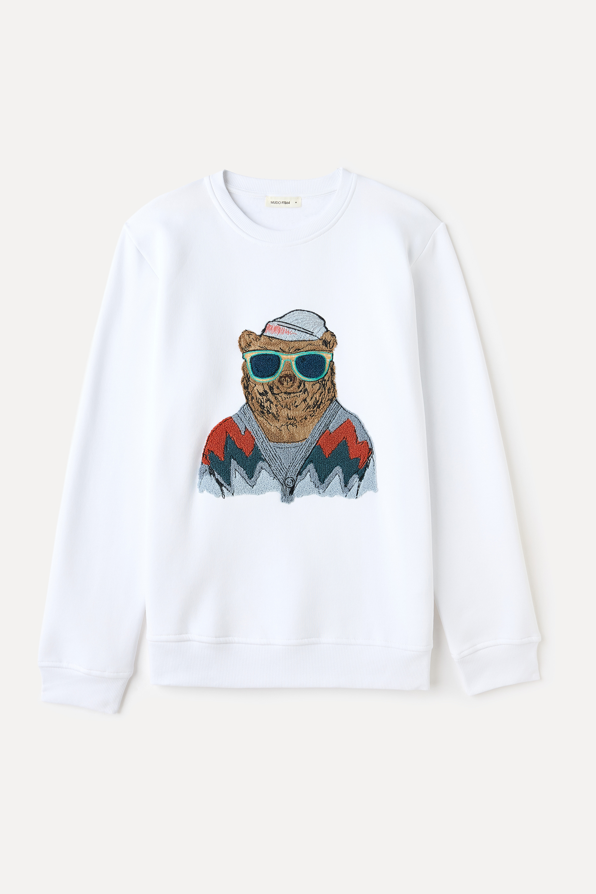 Erkek Beyaz Nakışlı Bisiklet Yaka Sweatshirt