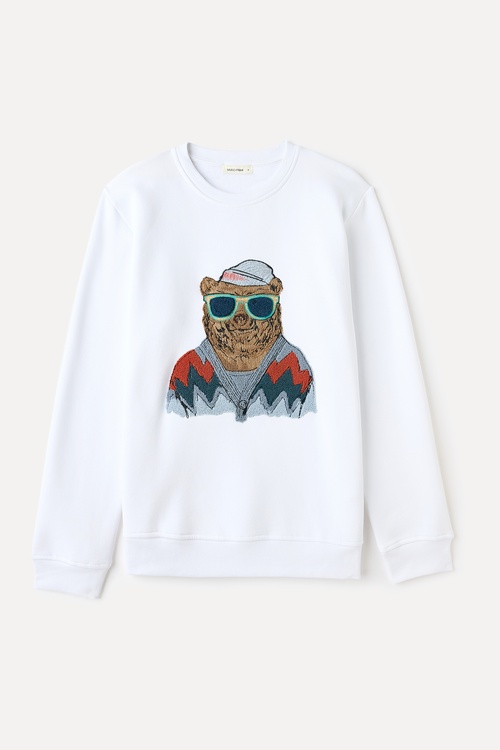  Erkek Beyaz Nakışlı Bisiklet Yaka Sweatshirt