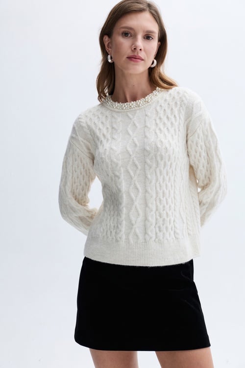 İNCİLİ BİSİKLET YAKA KAZAK