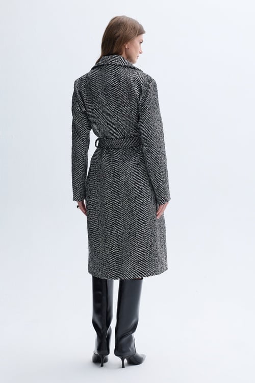 ÇİZGİLİ OVERSIZE KEMERLİ UZUN PALTO