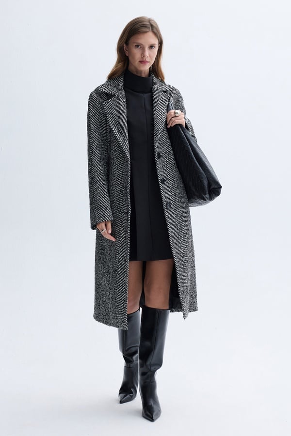 ÇİZGİLİ OVERSIZE KEMERLİ UZUN PALTO