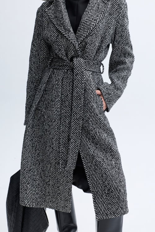 ÇİZGİLİ OVERSIZE KEMERLİ UZUN PALTO