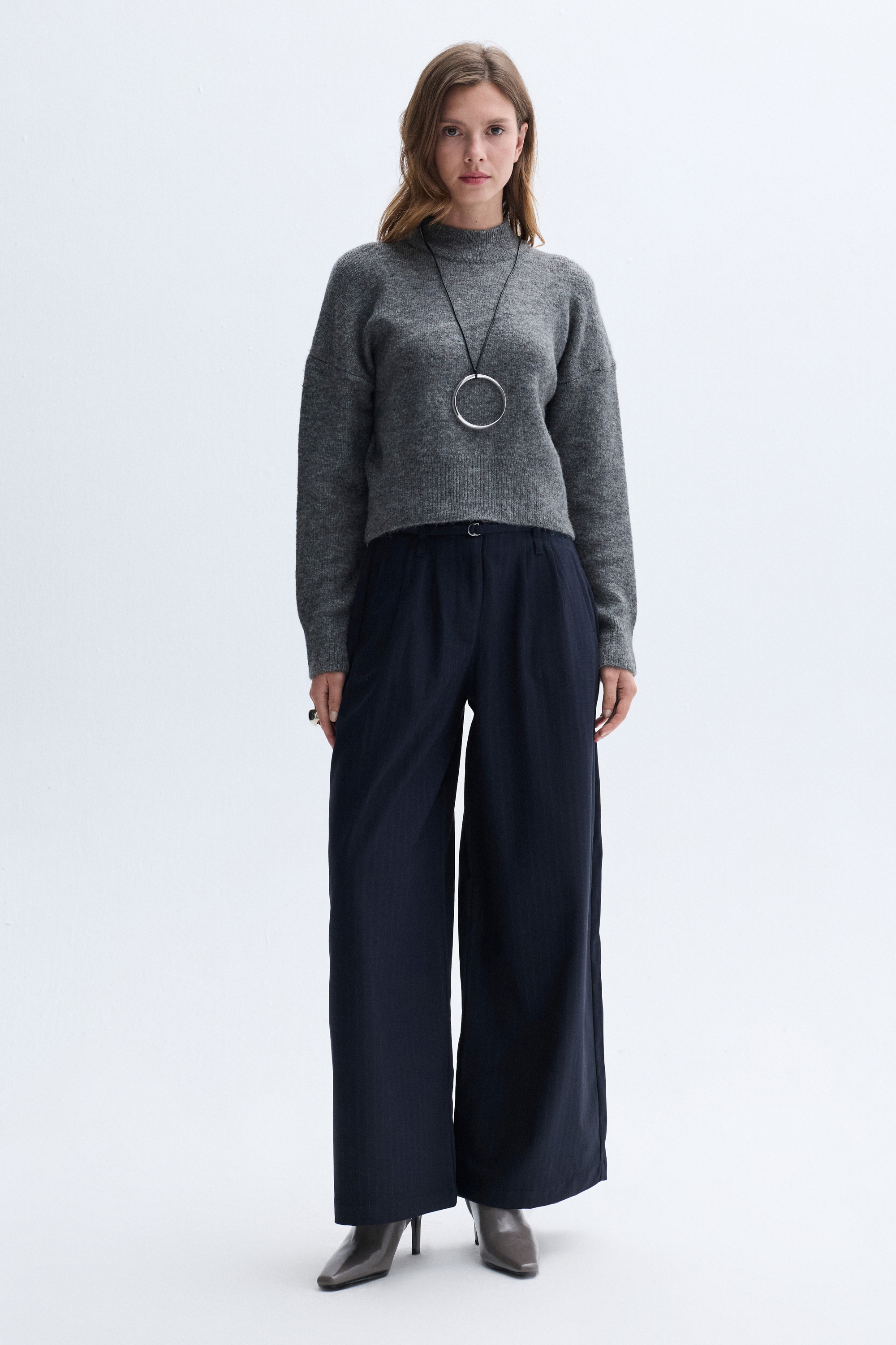 ÇİZGİLİ KEMER DETAYLI WIDE LEG PANTOLON