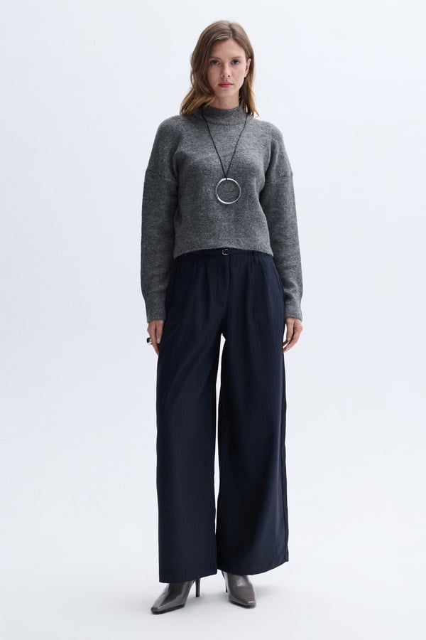 ÇİZGİLİ KEMER DETAYLI WIDE LEG PANTOLON