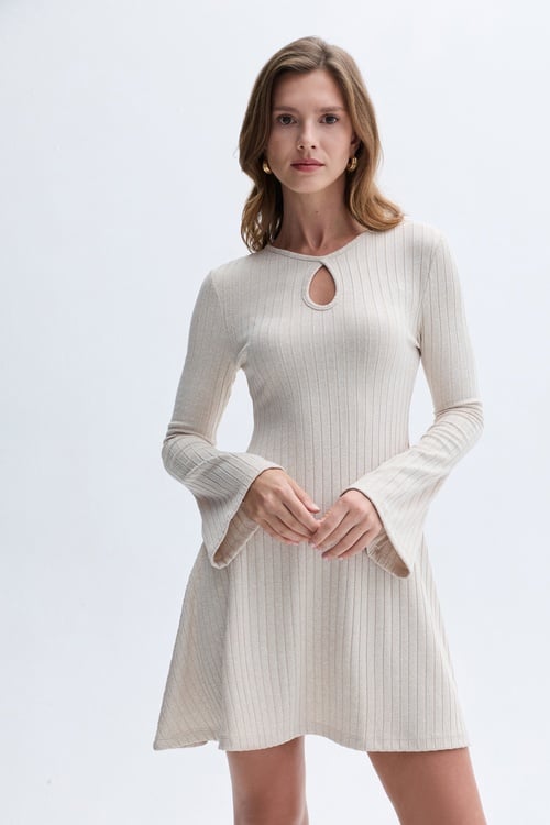 YAKA DETAYLI UZUN KOLLU MİNİ ELBİSE