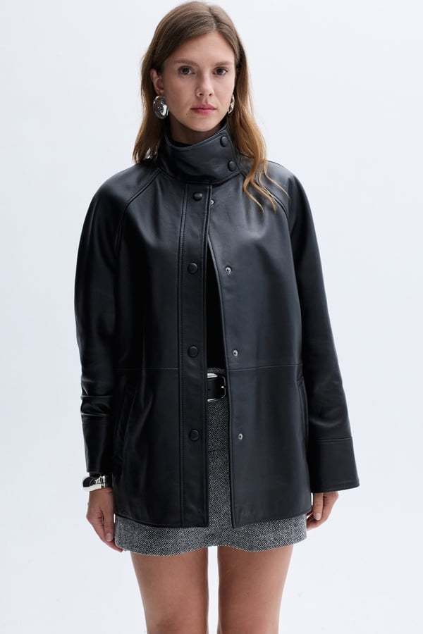 OVERSIZE DİK YAKA HAKİKİ DERİ CEKET