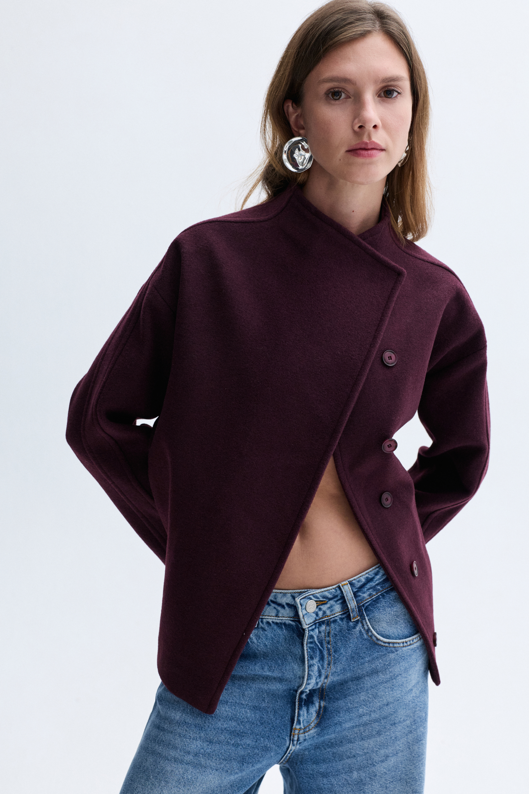 YÜN KARIŞIMLI DİK YAKA OVERSIZE KISA KABAN