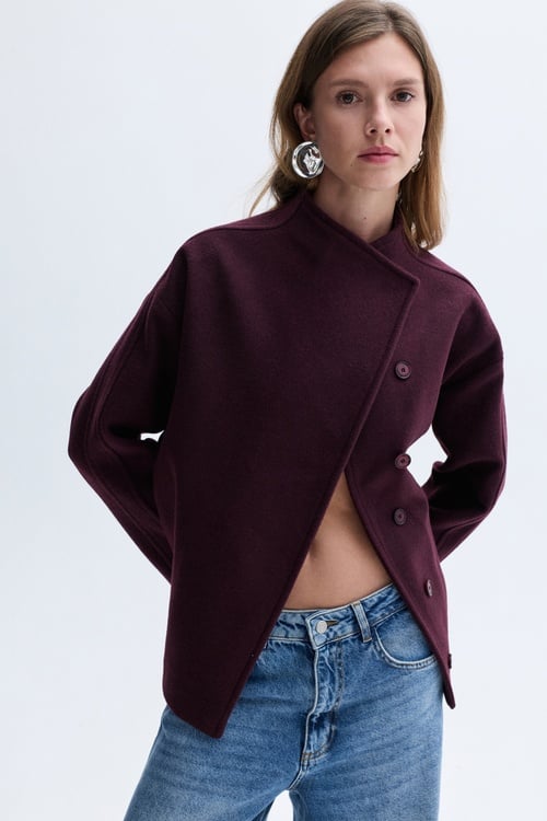 YÜN KARIŞIMLI DİK YAKA OVERSIZE KISA KABAN