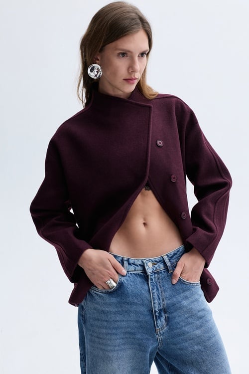 YÜN KARIŞIMLI DİK YAKA OVERSIZE KISA KABAN