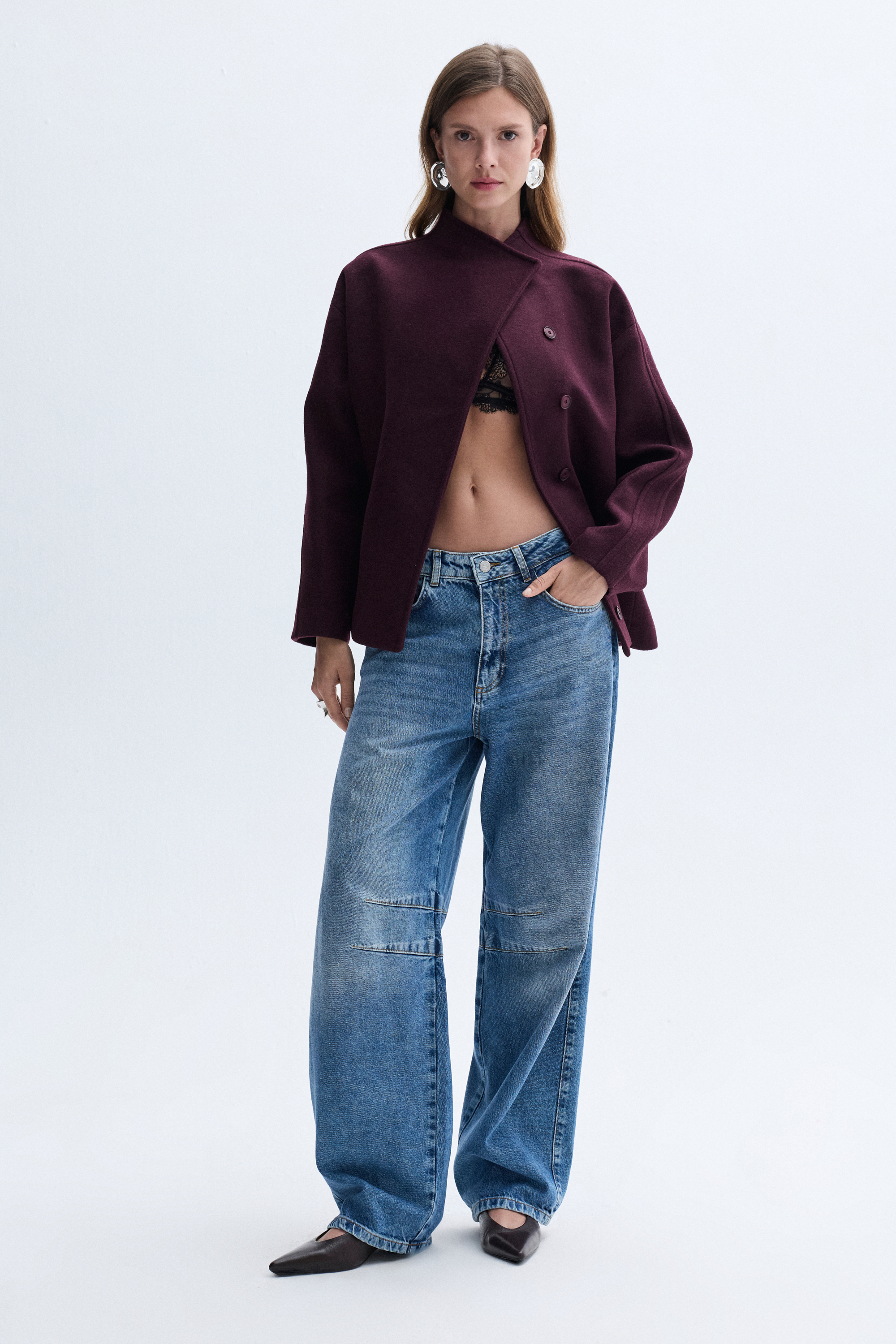 YÜN KARIŞIMLI DİK YAKA OVERSIZE KISA KABAN