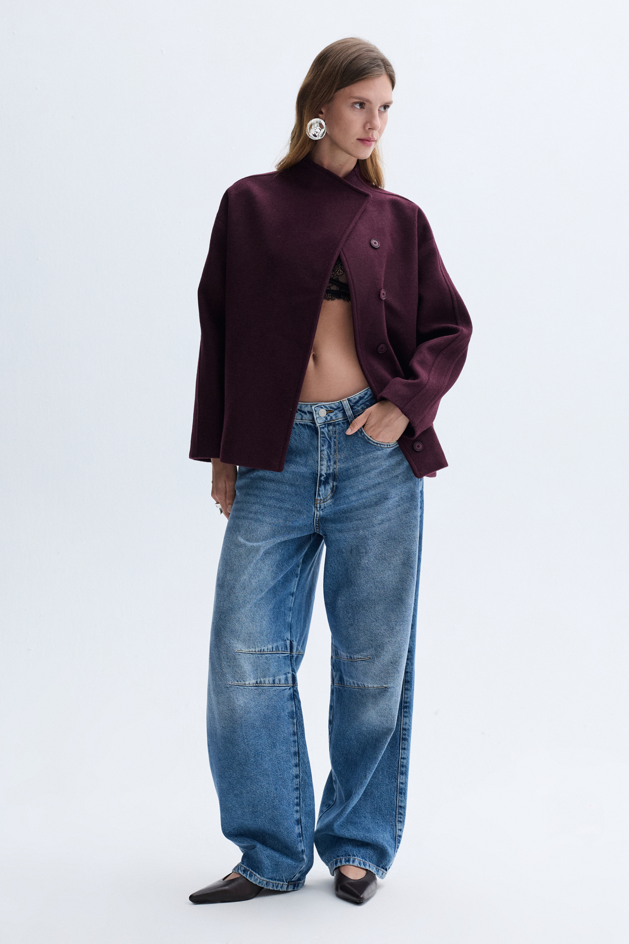 YÜN KARIŞIMLI DİK YAKA OVERSIZE KISA KABAN