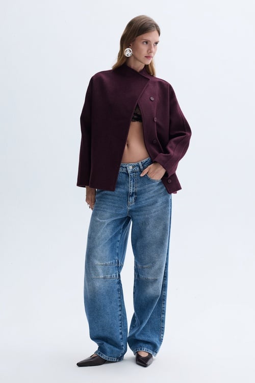 YÜN KARIŞIMLI DİK YAKA OVERSIZE KISA KABAN