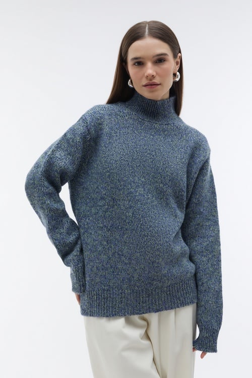 DİK YAKA DOKULU LOOSE FIT KAZAK