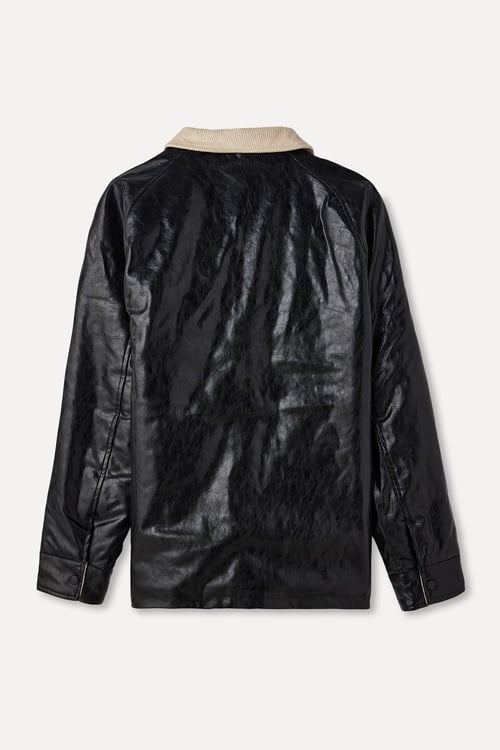  KADİFE YAKA DERİ GÖRÜNÜMLÜ PALTO