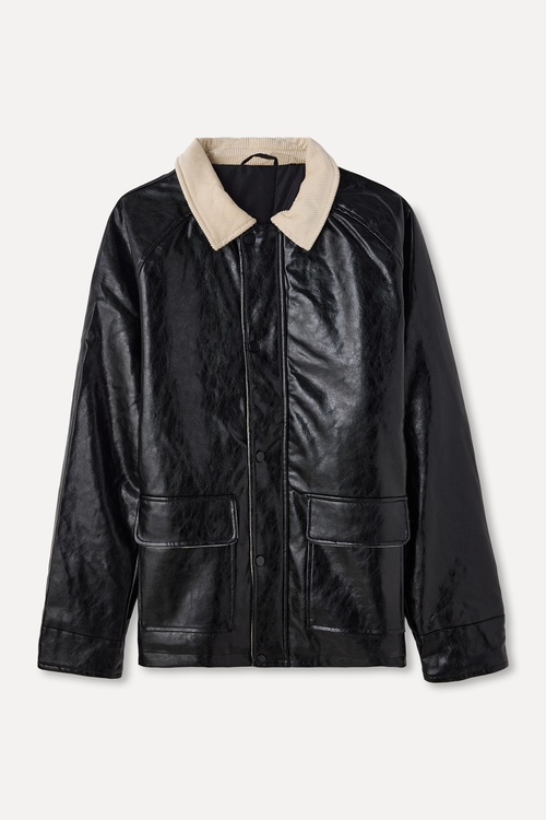  KADİFE YAKA DERİ GÖRÜNÜMLÜ PALTO