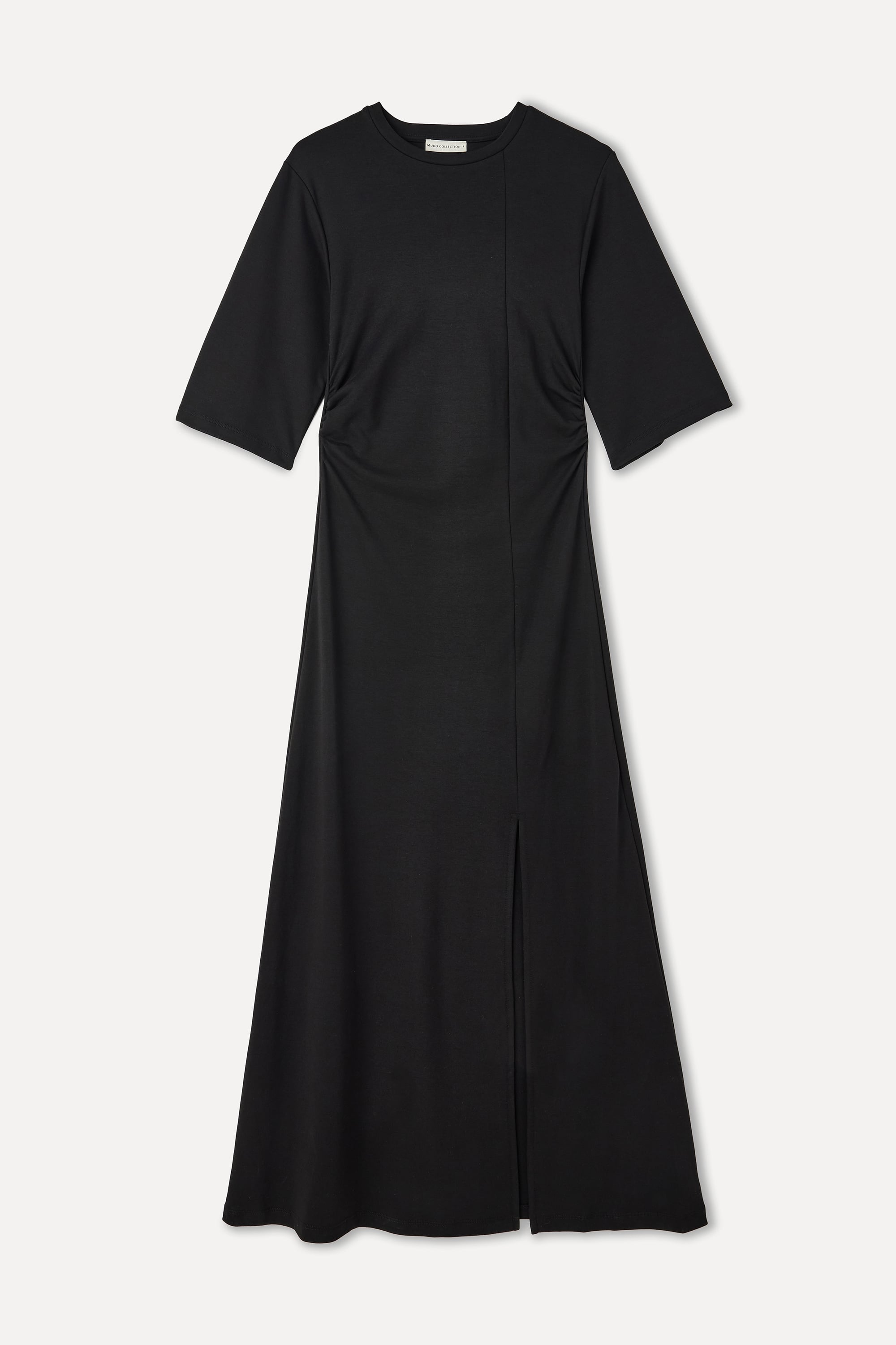 BELİ BÜZGÜLÜ YIRTMAÇLI MİDİ ELBİSE