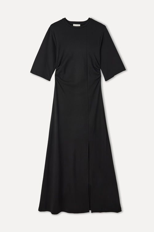 BELİ BÜZGÜLÜ YIRTMAÇLI MİDİ ELBİSE