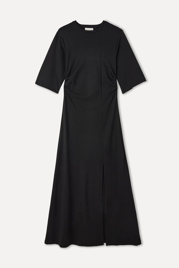 BELİ BÜZGÜLÜ YIRTMAÇLI MİDİ ELBİSE