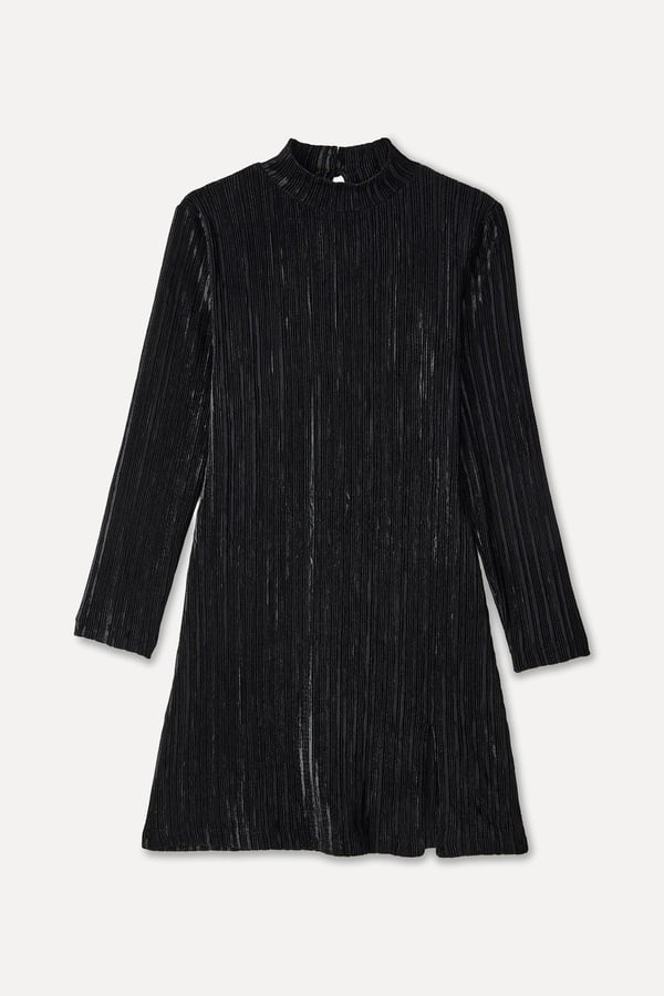 YIRTMAÇLI UZUN KOLLU KADİFE MİNİ ELBİSE