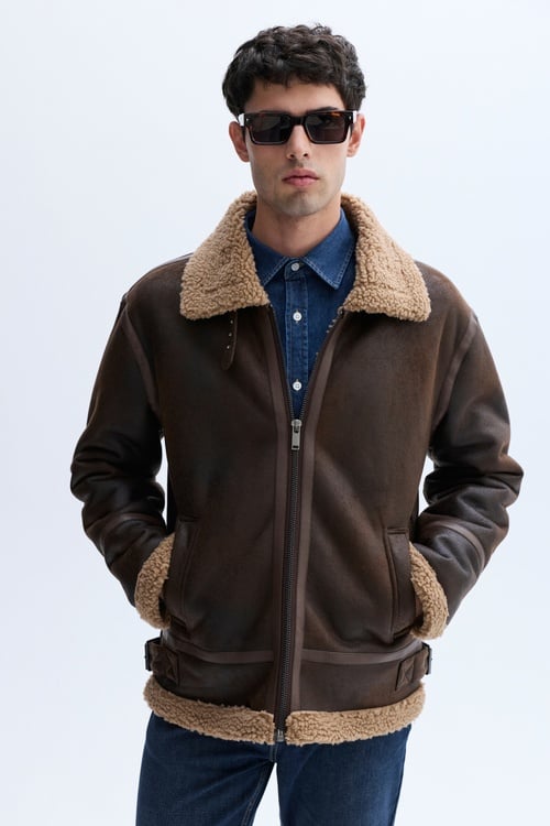 PELÜŞ DETAYLI DERİ GÖRÜNÜMLÜ MONT