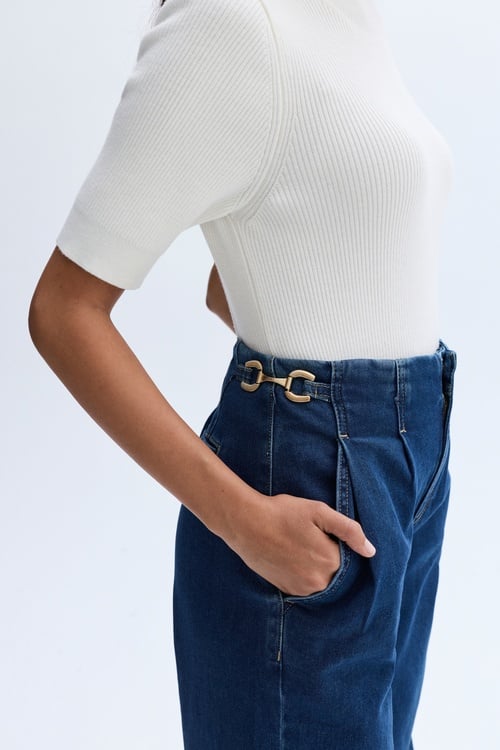 ZİNCİR DETAYLI PİLELİ WIDE LEG JEAN PANTOLON