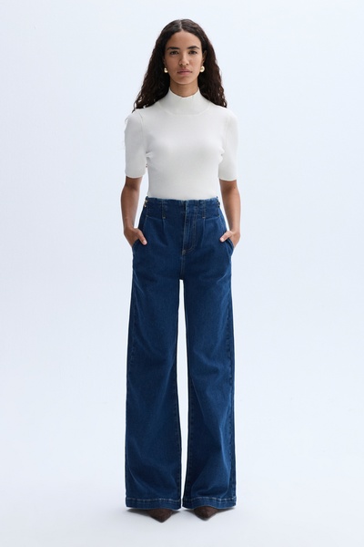 Mudo Kadın Indigo Zincir Detaylı Pileli Wide Leg Jean Pantolon