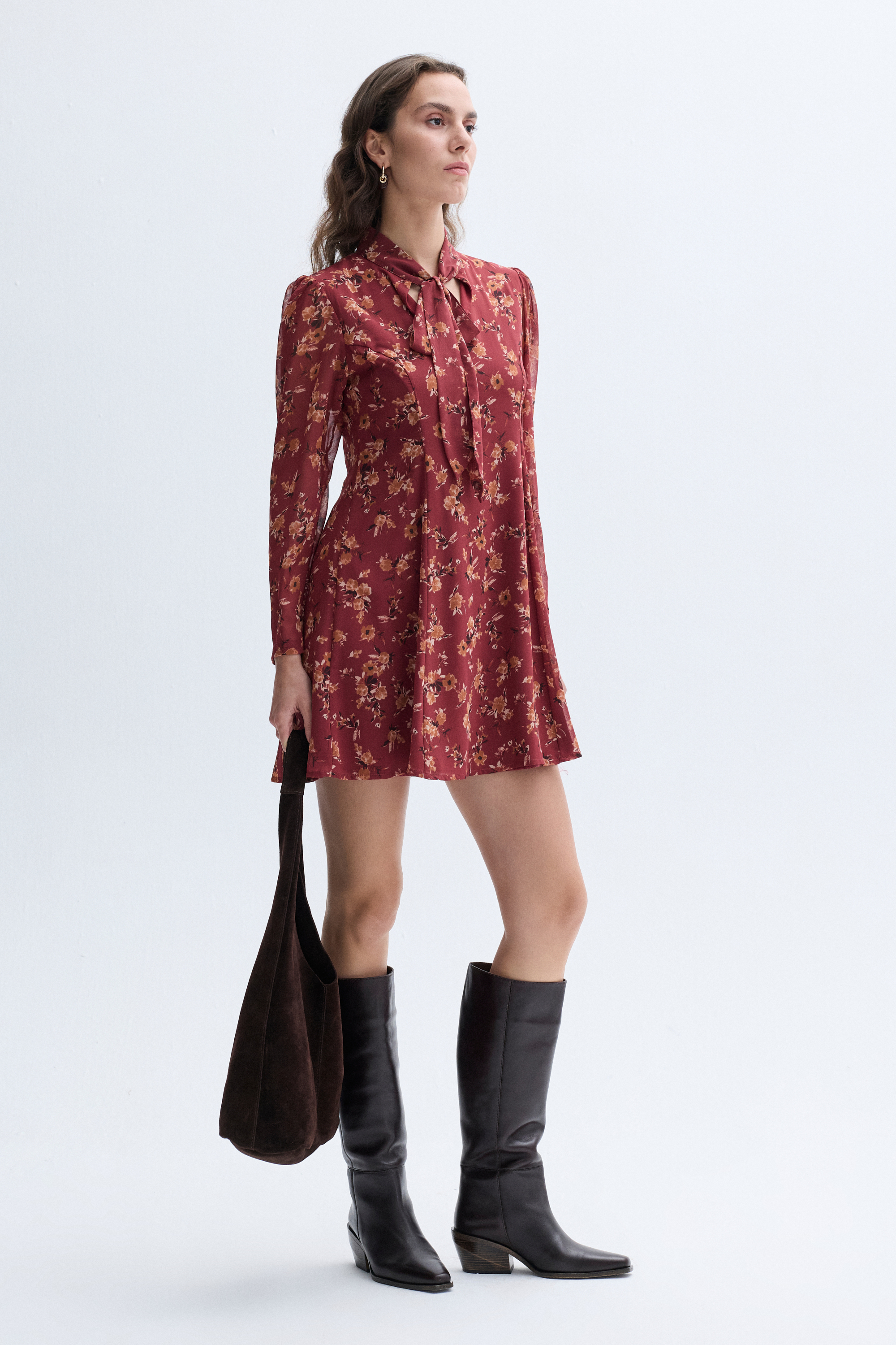 FLORAL BASKILI YAKASI BAĞLAMALI MİNİ ELBİSE