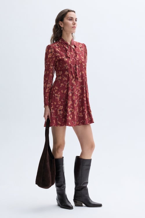 FLORAL BASKILI YAKASI BAĞLAMALI MİNİ ELBİSE