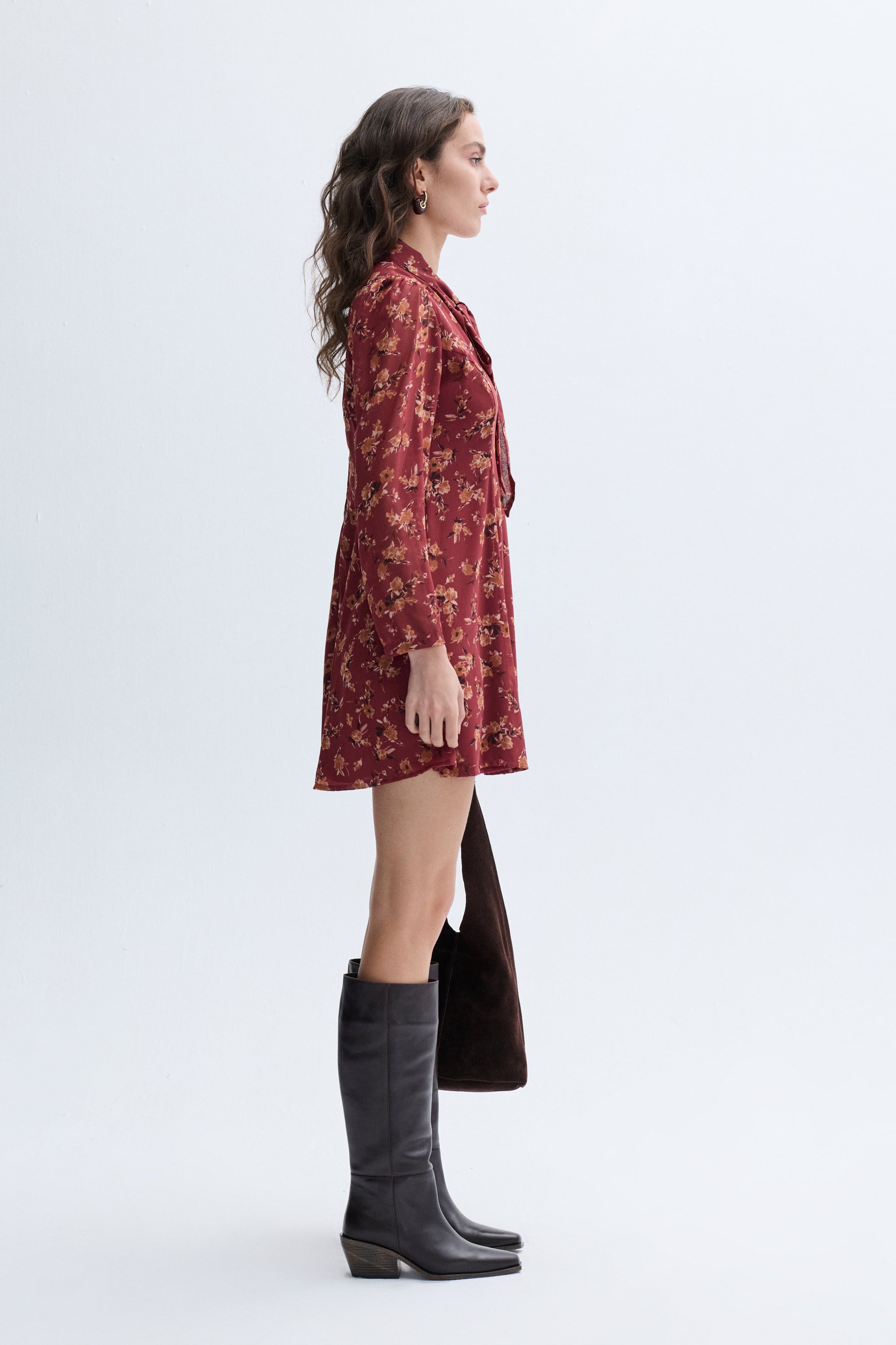 FLORAL BASKILI YAKASI BAĞLAMALI MİNİ ELBİSE