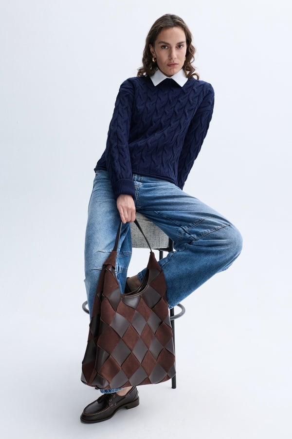 LOOSE FIT ÖRGÜLÜ BİSİKLET YAKA TRİKO KAZAK