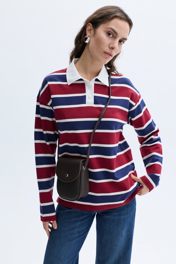 LOOSE FIT ÇİZGİLİ POLO YAKA SWEATSHIRT