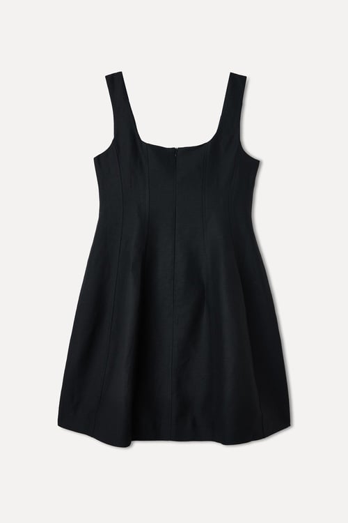  KETEN KARIŞIMLI KARE YAKA MİNİ ELBİSE