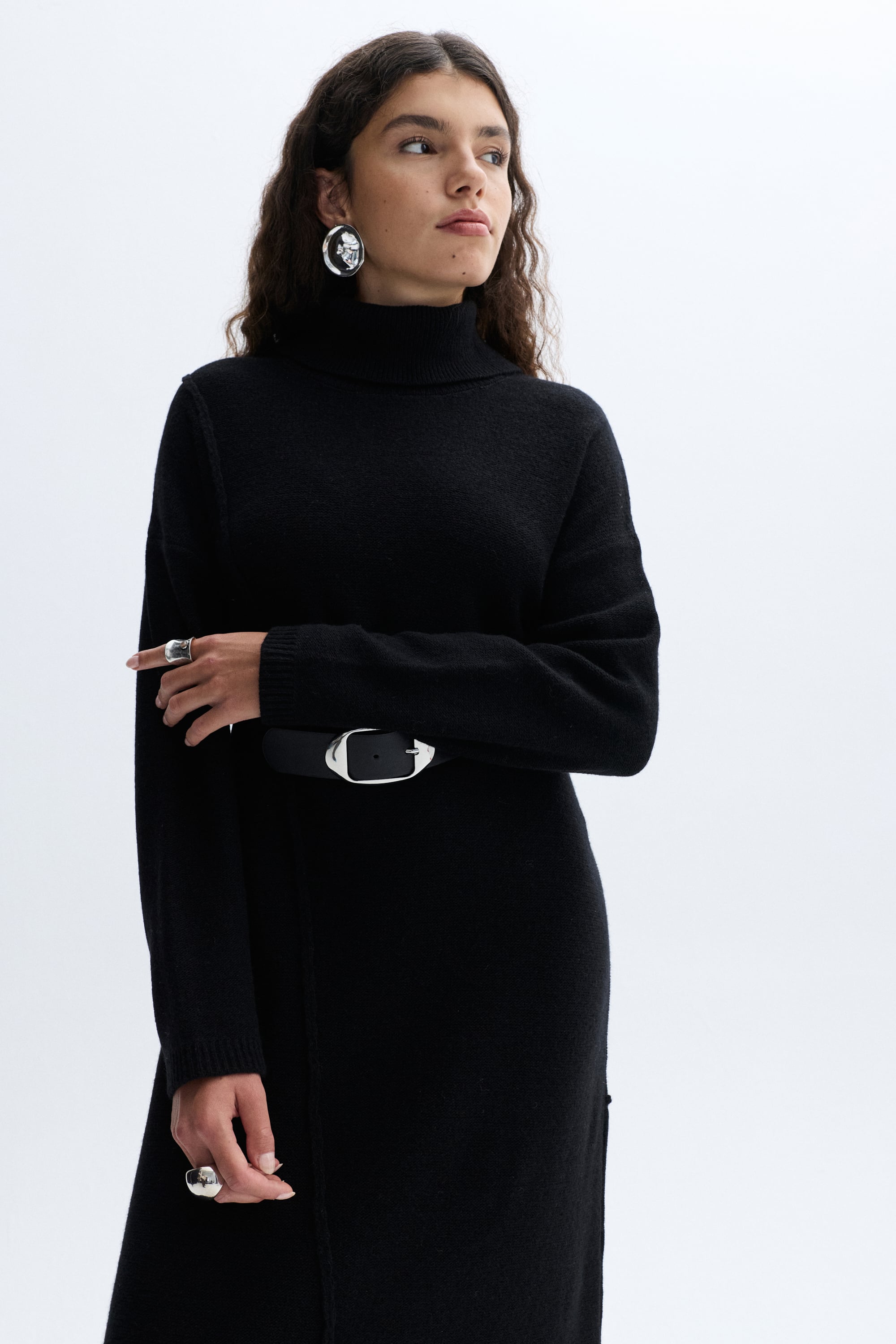 YÜNLÜ ASİMETRİK KESİM MİDİ ELBİSE