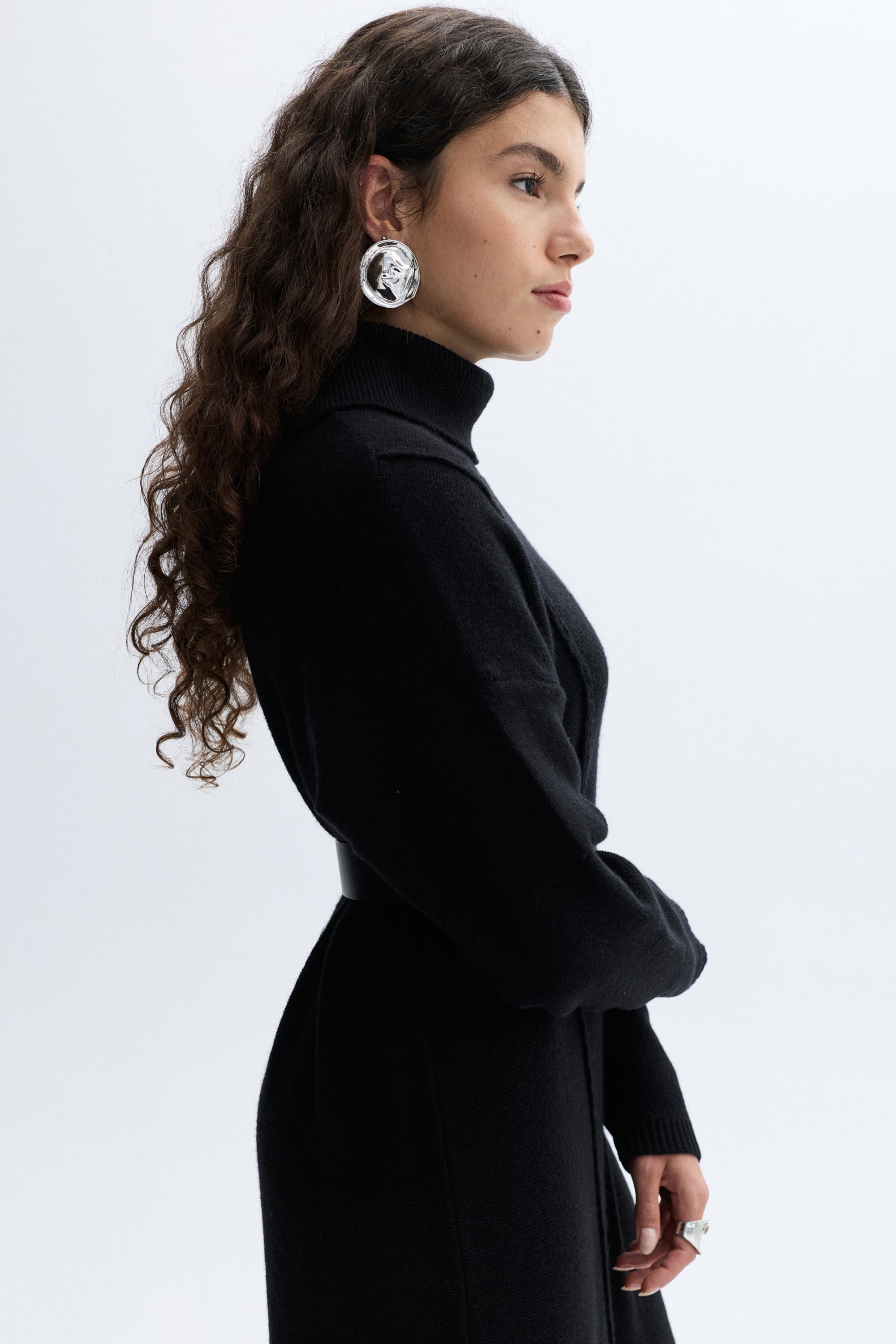 YÜNLÜ ASİMETRİK KESİM MİDİ ELBİSE