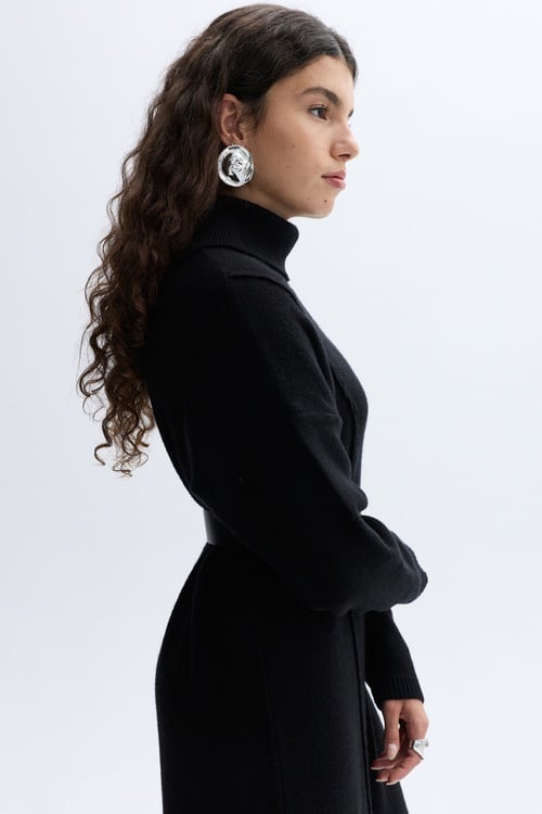 YÜNLÜ ASİMETRİK KESİM MİDİ ELBİSE