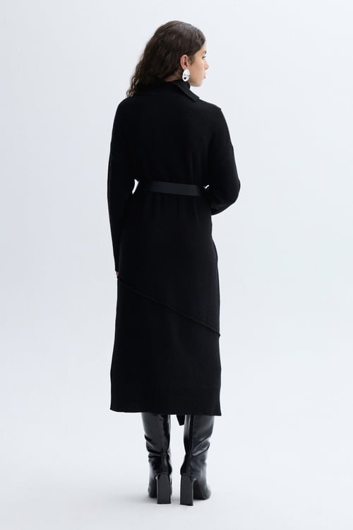 YÜNLÜ ASİMETRİK KESİM MİDİ ELBİSE