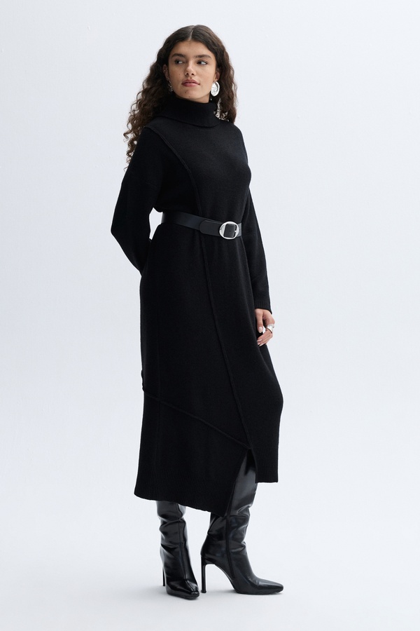 YÜNLÜ ASİMETRİK KESİM MİDİ ELBİSE