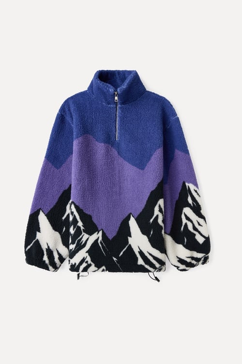 BASKILI OVERSIZE DİK YAKA PELÜŞ SWEATSHIRT
