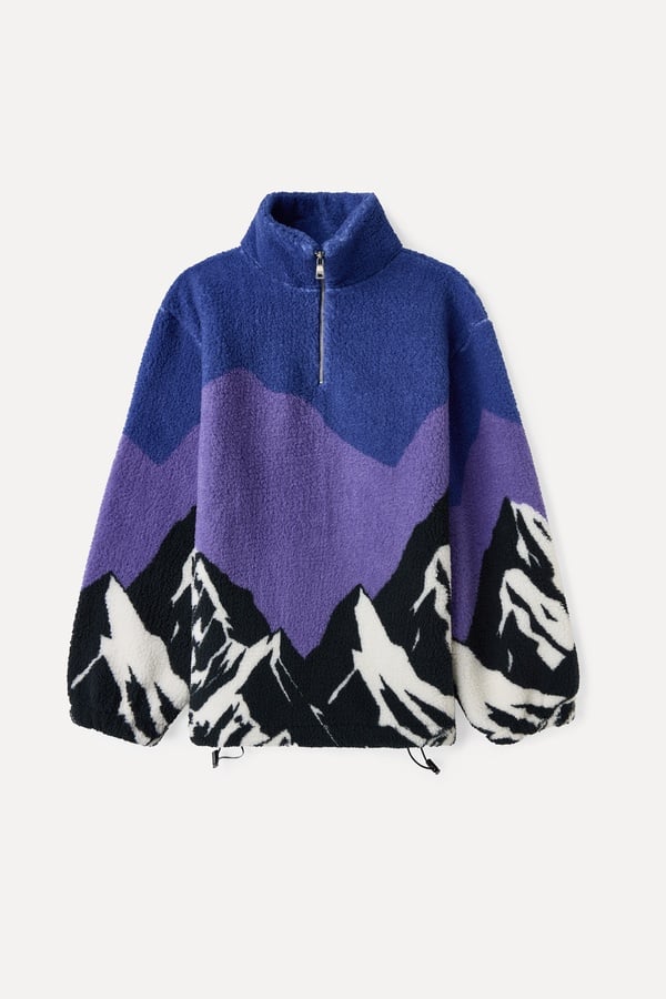 BASKILI OVERSIZE DİK YAKA PELÜŞ SWEATSHIRT