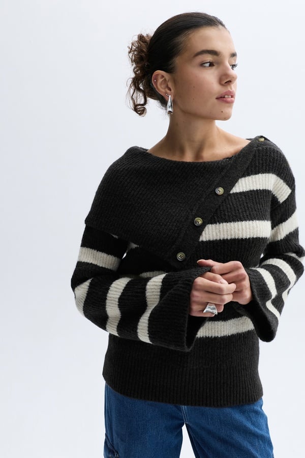 ÇİZGİLİ LOOSE FIT DÜĞMELİ DİK YAKA KAZAK