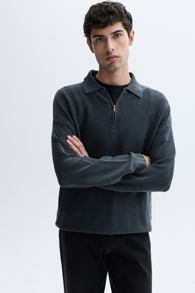 Mudo Erkek Lacivert Oversize Polo Yaka Kazak