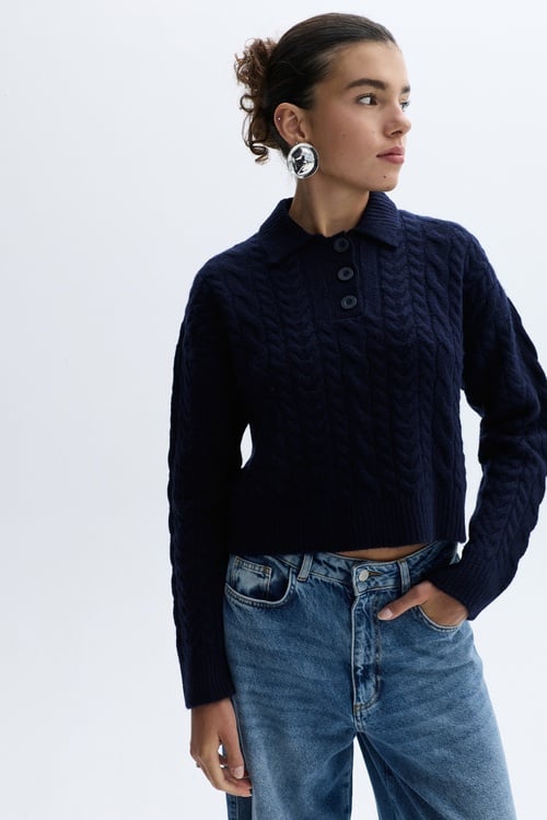 POLO YAKA SAÇ ÖRGÜLÜ KAZAK