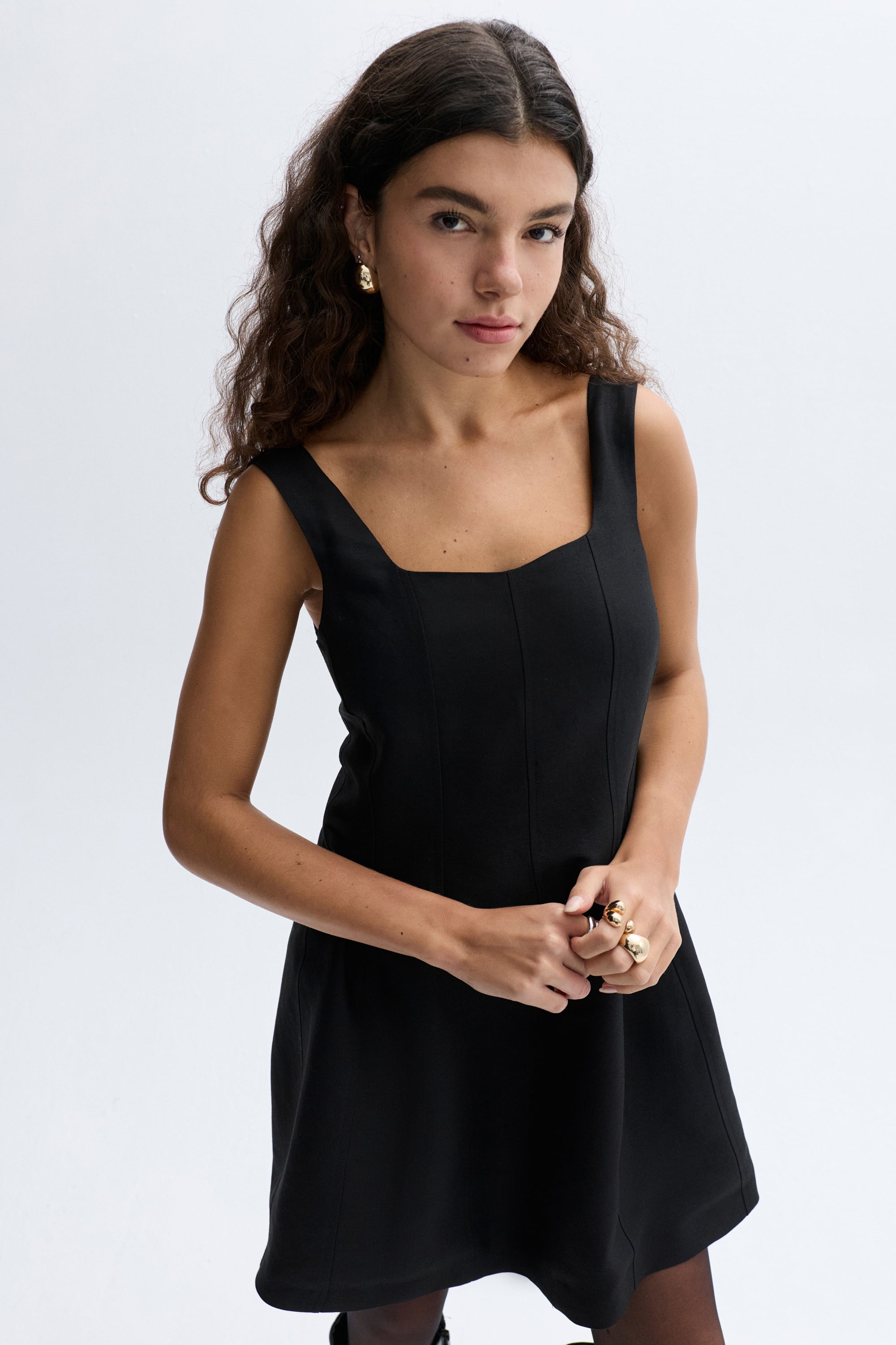 KETEN KARIŞIMLI KARE YAKA MİNİ ELBİSE