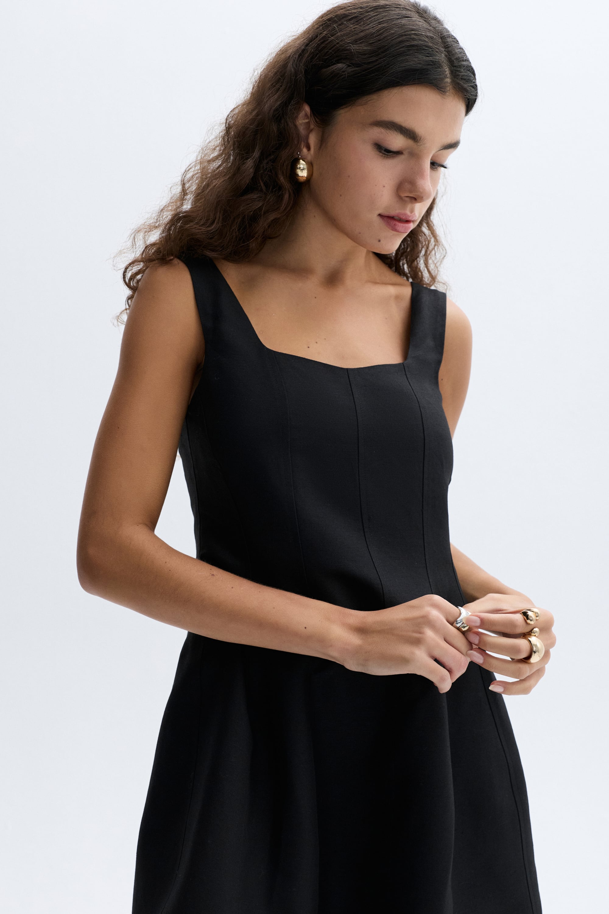 KETEN KARIŞIMLI KARE YAKA MİNİ ELBİSE