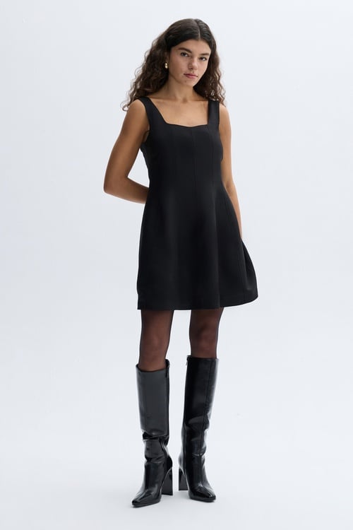 KETEN KARIŞIMLI KARE YAKA MİNİ ELBİSE