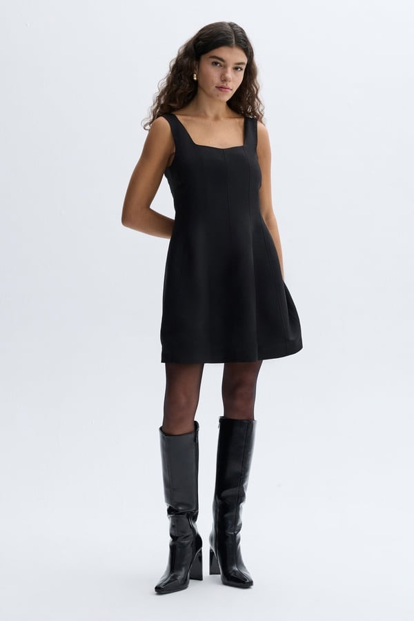 KETEN KARIŞIMLI KARE YAKA MİNİ ELBİSE