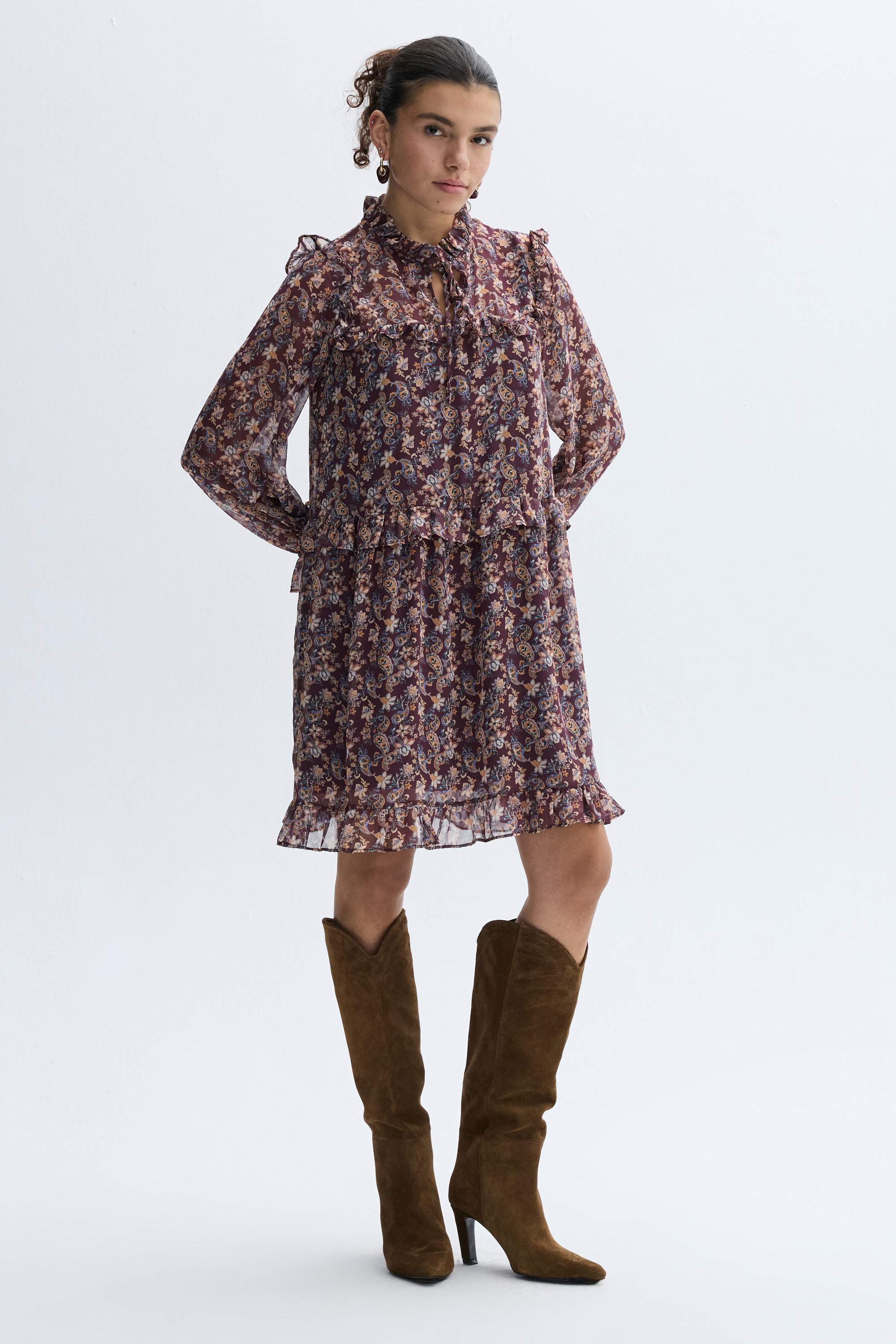 FLORAL BASKILI YAKASI BAĞLAMALI MİNİ ELBİSE