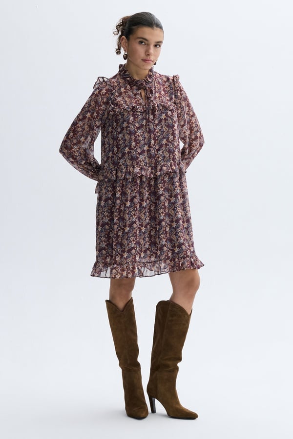 FLORAL BASKILI YAKASI BAĞLAMALI MİNİ ELBİSE